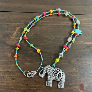 Silver Elephant Pendant Beaded Necklace with Turquoise and Multicolor Accents